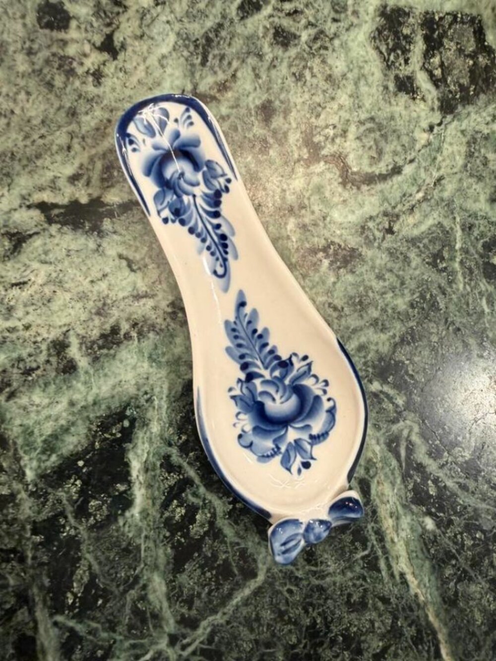 Vintage Blue & White Porcelain Shoe Spoon Rest Trinket Dish with Bow